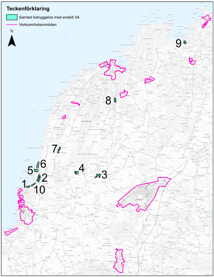 Karta över Götene kommun med 9 numrerade områden markerade. 