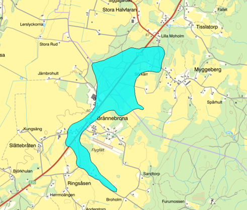Karta Lugnås och Brännebrona med markerad yta. 