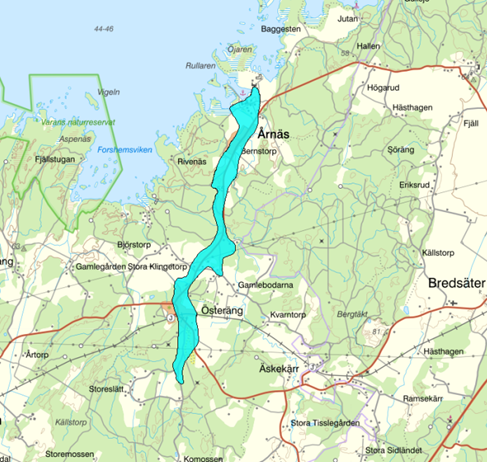Karta över Årnäs - Österäng med markerad yta. 