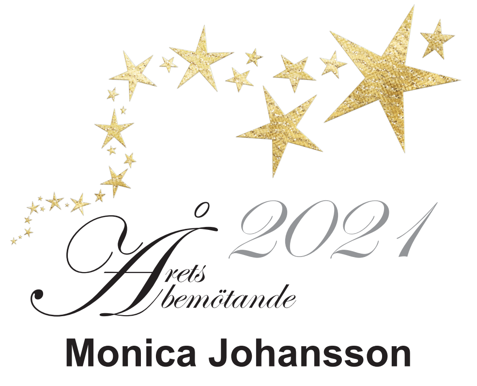 Text "Årets bemötande 2021, Monica Johansson" med guldiga stjärnor ovanför texten. 