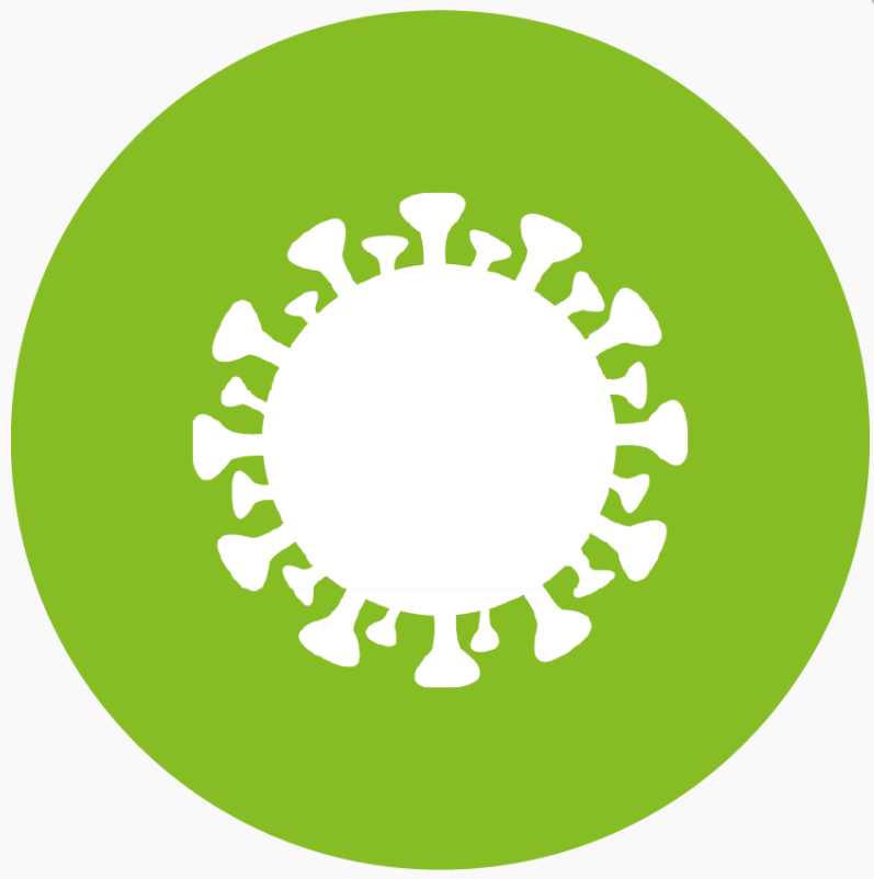 Illustrerad bild av en vit virusmolekyl på en rund, grön bakgrund. 