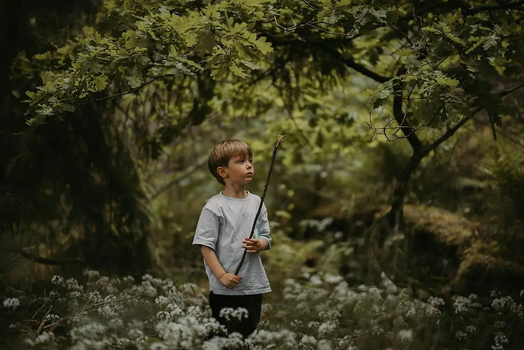 Pojke med ljust hår och ljusblå t-shirt står mitt i skogen och håller i en pinne som han hittat och tittar på. Han står under en ek och på marken växer vit ramslök.