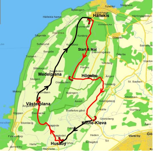 Karta över cykeltävling med markering för bana den 23 april: Högkullen (start och mål), Högebo, Österplana, Kinne-Kleva, Husaby, Västerplana, Medelplana mot Hällekis.