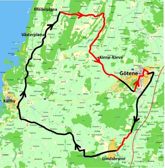 Karta över cykeltävling med markering för bana den 24 april: Götene (start och mål), Lundsbrunn, Källby, Västerplana, Medelplana, Österplana, Kinne-Kleva och Sil (Götene).