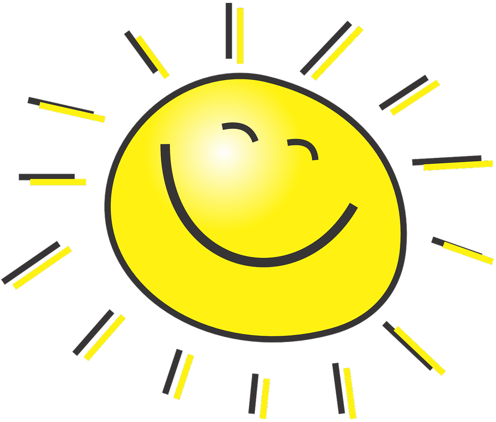 En gul rund sol med solskensstrålar och en glad mun