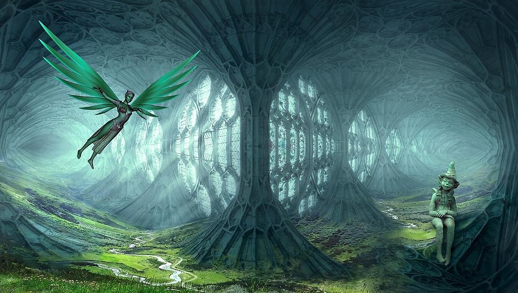 Bilden visar en förtrollad skog med en älva som flyger och en alv som sitter på marken.