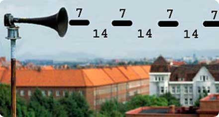 VMA tuta "Hesa Fredrik" där ljudet illustreras med svarta streck. Ovanför strecken står siffrorna "7, 14, 7, 14" som symboliserar ljudets längd.