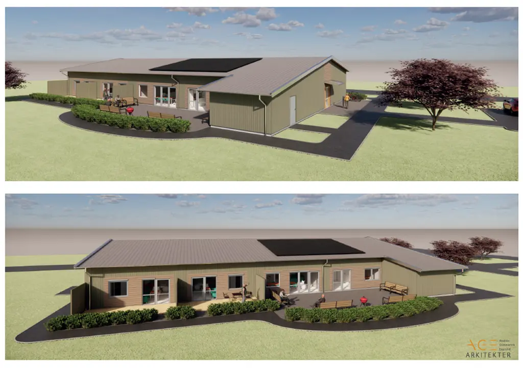 Konceptbild på ny gruppbostad. Enplanshus med grå fasad, svart tak, två lägenheter på denna sida med separata uteplatser till varje lägenhet samt en stor gemensam uteplats. Asfalterad gångstig runt huset.