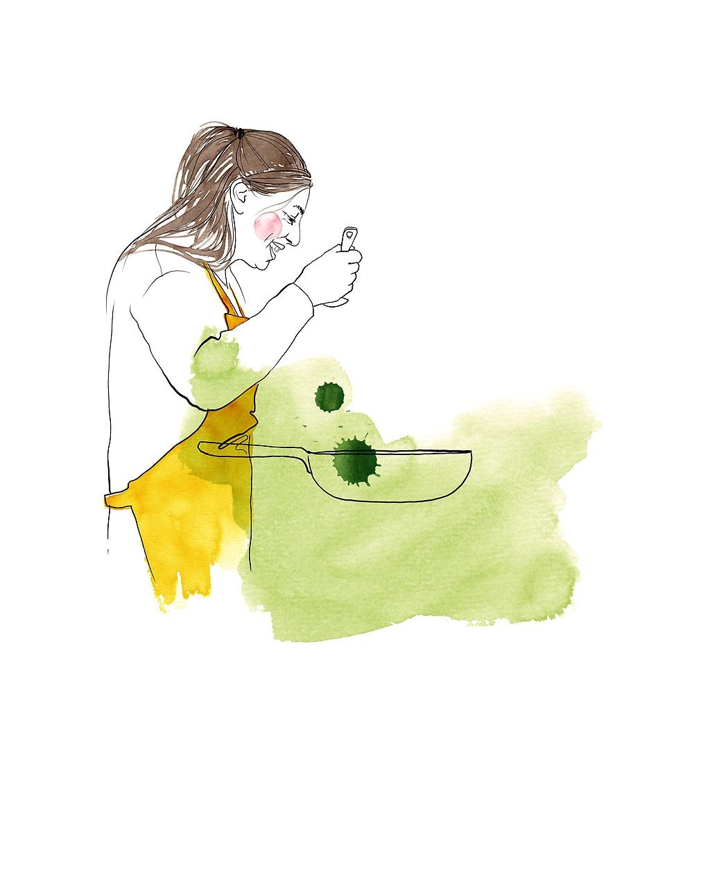 Illustration av en kvinna som lagar mat och smakar av från en gryta