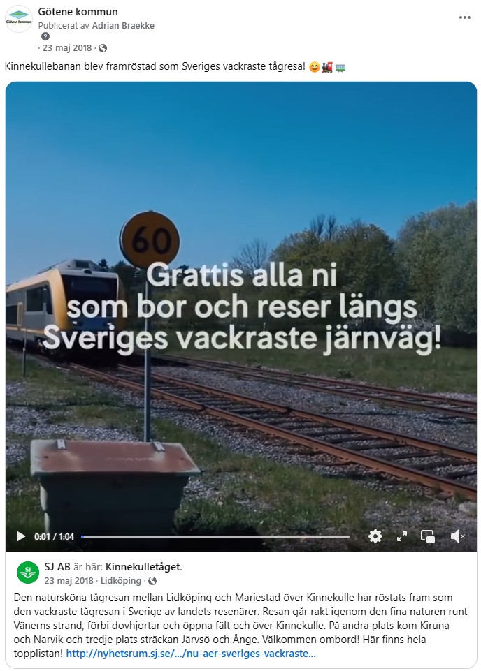 Skärmdump från Facebookinlägg om utmärkelsen Sveriges vackraste tågresa.