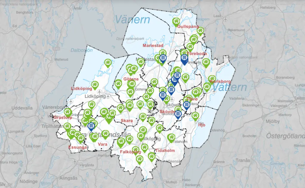En karttbild över lediga tomter i Skaraborg.