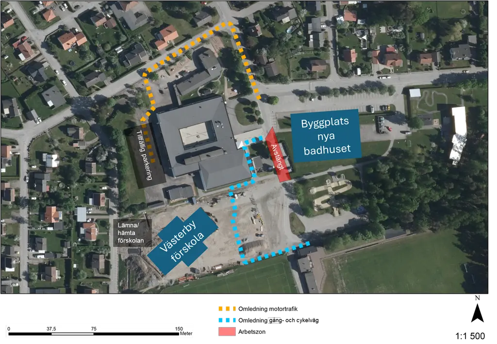 Kartbild över Västerbyområdet med vägavstängning och omledningsvägar markerade. Slutet av Hagagatan mot den nya parkeringen stängs av för motortrafik. Gång- och cykeltrafikanter hänvisas till en omledningsväg 20 meter väster om Hagagatan utmed Olinsgymnasiet. Tillfällig parkering finns på baksidan av Olinsgymnasiet. Längs med Duvgatan finns en lämna- och hämtazon för förskolan.