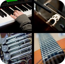 Bildkollage med fyra ramar. (Från vänster) Hand som spelar på piano, strängar på fiol, närbild på blåsinstrument och strängar på gitarr. 