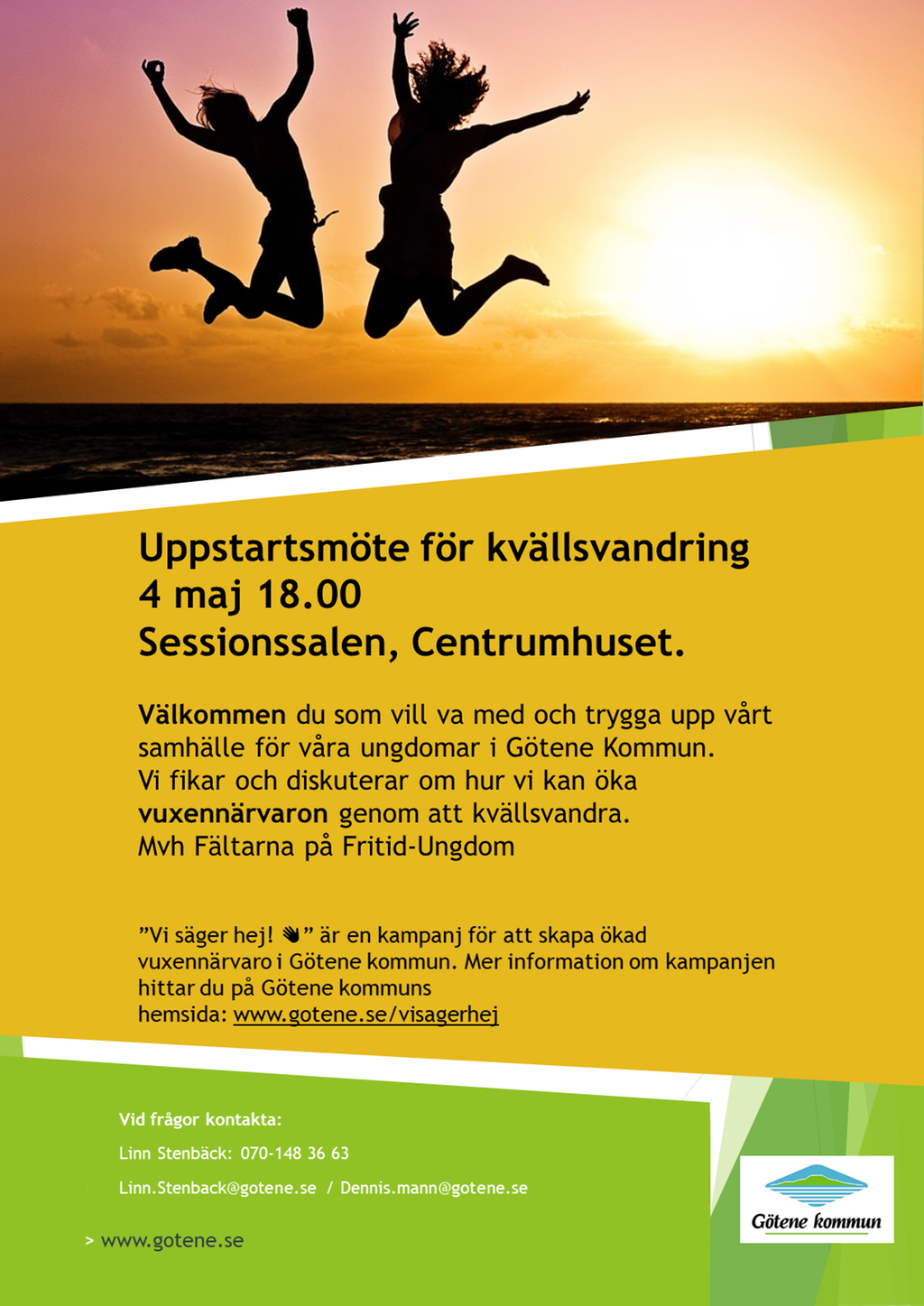 Affisch med information om uppstartsmöte för kvällsvandring, 4 maj 2022. 