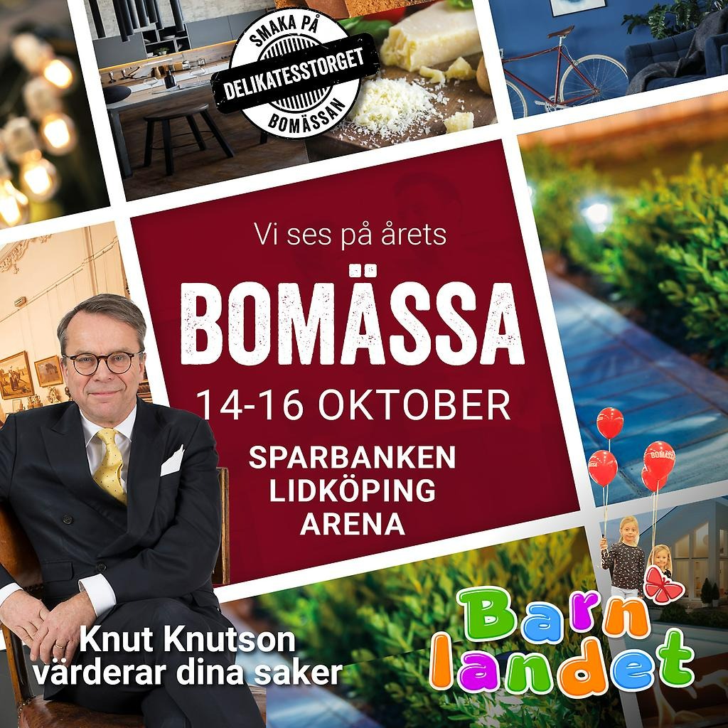 Ett bildcollage med bostadstema med texten "Bomässa 14-16 oktober".
