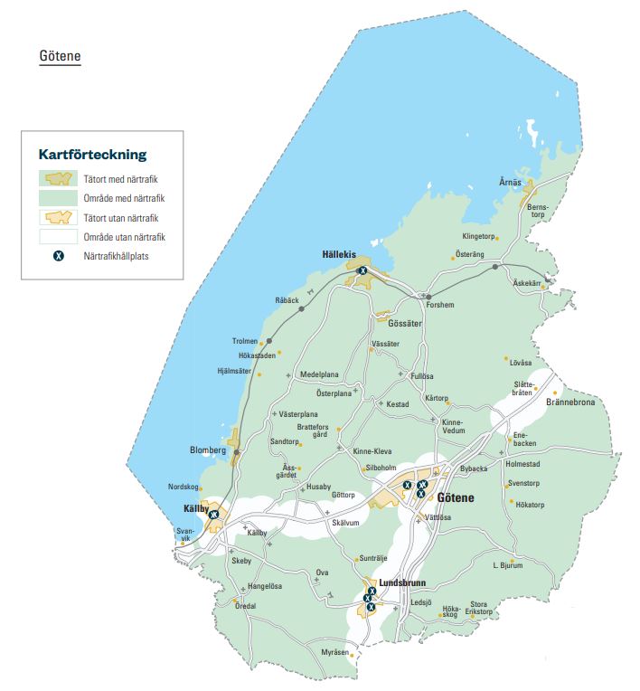Karta över Götene kommun med kartförteckning för tätort och områden med och utan närtrafik. Gröna områden har närtrafik, vita områden har inte närtrafik. 