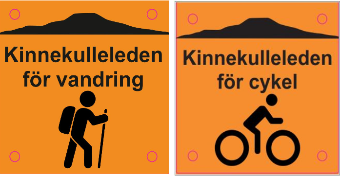 Markering Kinnekulleleden för cykel och vandring. Svart text och silhuetter mot orange bakgrund.