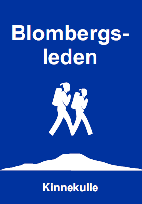 Vita silhuetter mot mörkblå bakgrund och texten Blombergsleden Kinnekulle.