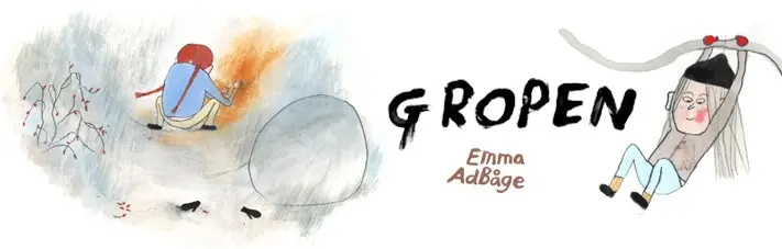 Visar en tecknad bild av ett barn i svart mössa som hänger i en trädgren. Ett annat barn sitter med ryggen mot och leker i en grop med lite sly och en sten runt omkring.