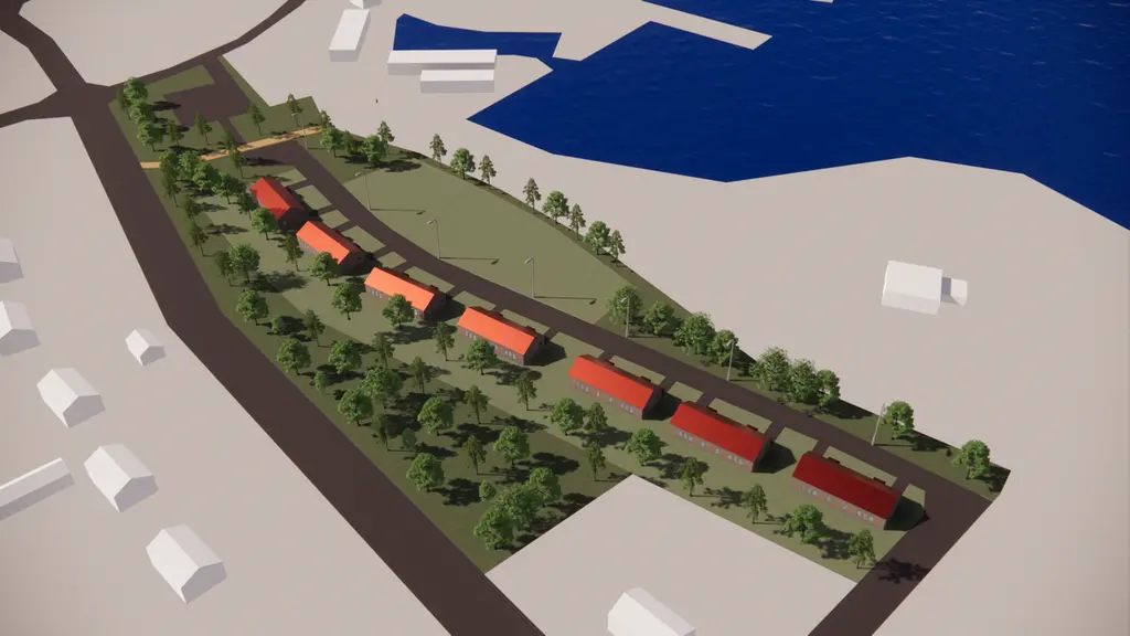 Översiktsbild över sjönära bebyggelse i Hällekis.