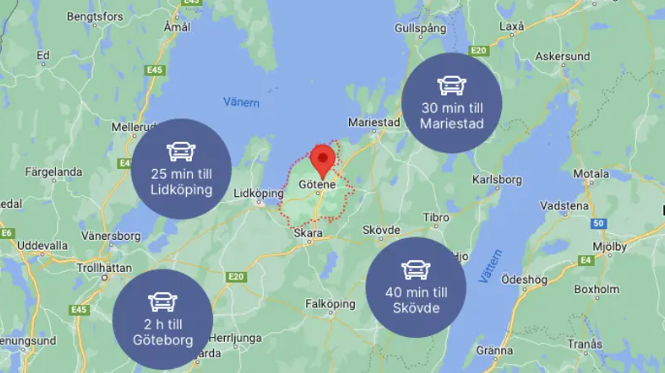 Karta över norra Västergötland där Götene kommun är markerat. Det framgår att det tar 30 minuter med bil till Mariestad, 40 minuter till Skövde, 25 minuter till Lidköping och 2 timmar till Göteborg från Götene. 