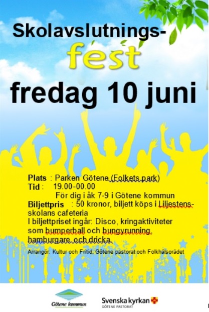 En blå-gul affisch med text om avslutningsfest för ungdomarna