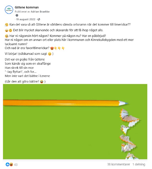 Skärmdump på inlägg från Facebook med tillhörande kommentarer med inledande inläggstext: "Kan det vara så att Götene är världens sämsta ortsnamn när det kommer till limerickar??"