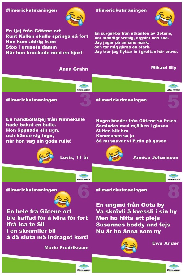 Ett kollage av skärmdumpar på inlägg från Facebook där varje inlägg är en limerick med Göteneanspelning. 