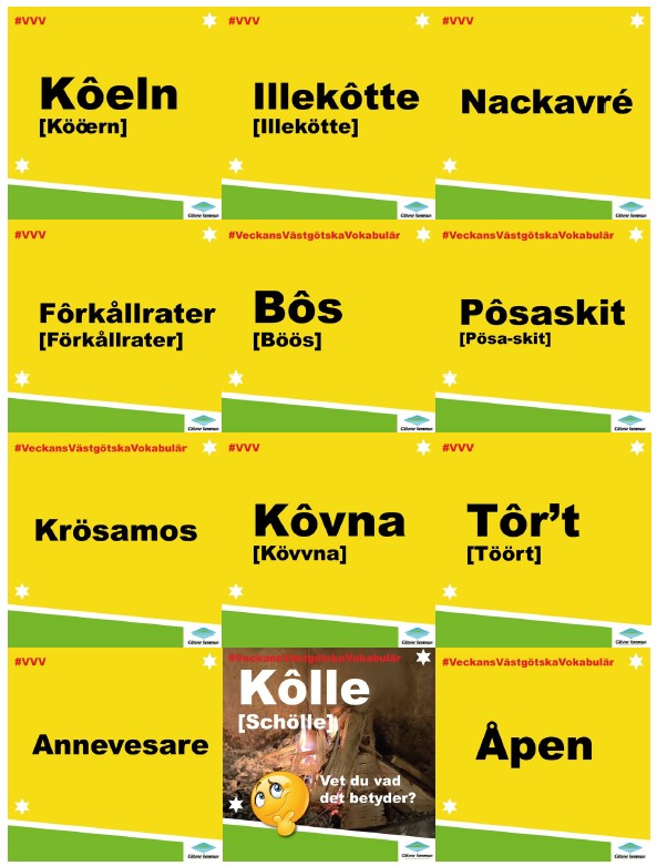 Ett kollage av skärmdumpar på inlägg från Facebook där varje inlägg består av ett västgötskt ord med tillhörande fonetiskt uttal inom parentes.