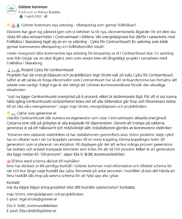 Skärmdump på inlägg från Facebook med tillhörande kommentarer med inledande inläggstext: "Götene kommuns nya satsning - elbesparing som gynnar folkhälsan"