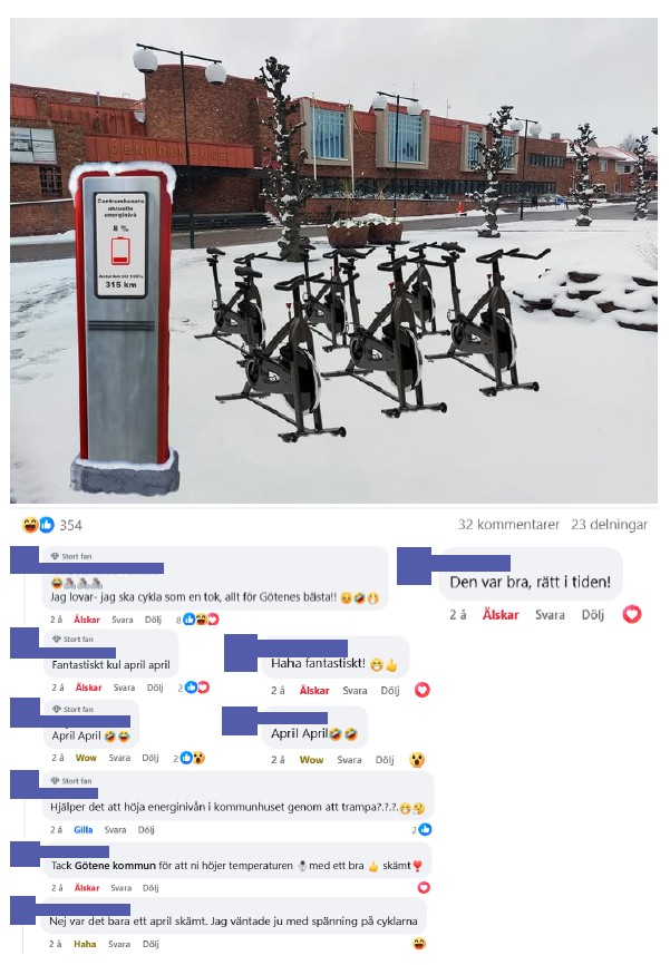 Skärmdump på inlägg från Facebook med tillhörande kommentarer med bild på spinningscyklar som står i snön i parken framför Centrumhuset med en generator kopplad till sig. 