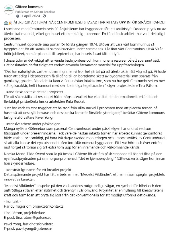 Skärmdump på inlägg från Facebook med tillhörande kommentarer med inledande inläggstext: "Återbruk är temat när Centrumhusets fasad har piffats upp inför 50-årsfirandet"