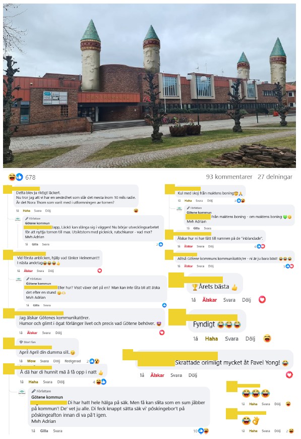 Skärmdump på inlägg från Facebook med tillhörande kommentarer med bild på Centrumhusets entré där fyra torn från borgen från Medeltidens värld numer pryder fasaden. 