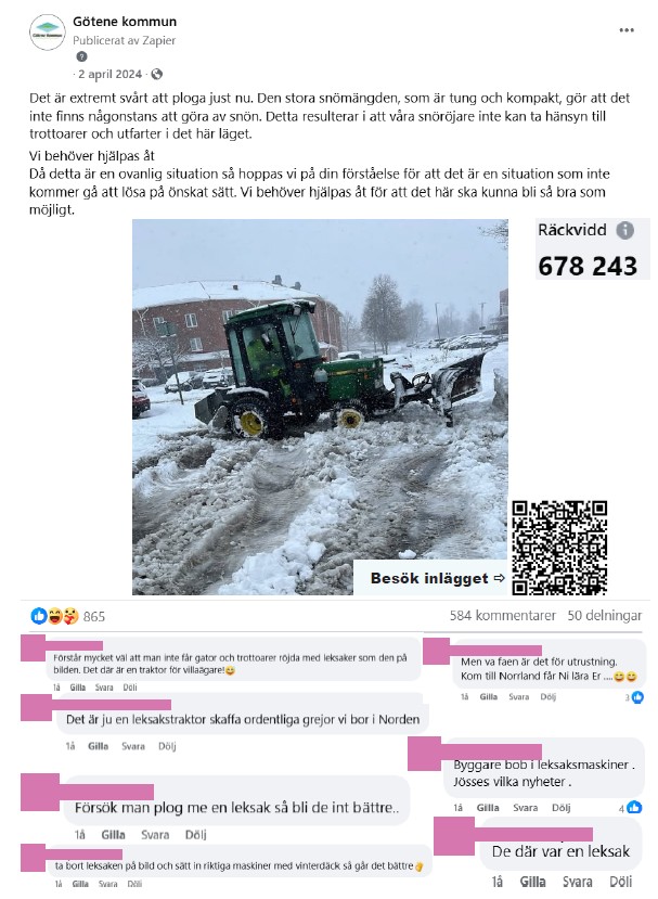 Skärmdump på inlägg från Facebook med tillhörande kommentarer med inledande inläggstext: "Det är extremt svårt att ploga just nu."