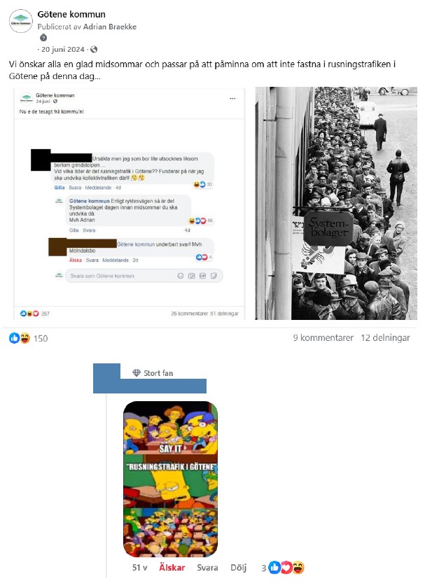 Skärmdump på inlägg från Facebook med tillhörande kommentarer med inläggstexten: "Vi önskar alla en glad midsommar och passar på att påminna om att inte fastna i rusningstrafiken i Götene denna dag..."