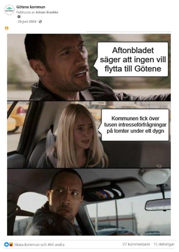 Skärmdump på en meme från Facebook med med texten: "Aftonbladet säger att ingen vill flytta till Götene. Kommunen fick över tusen intresseförfrågningar på tomter under ett dygn"