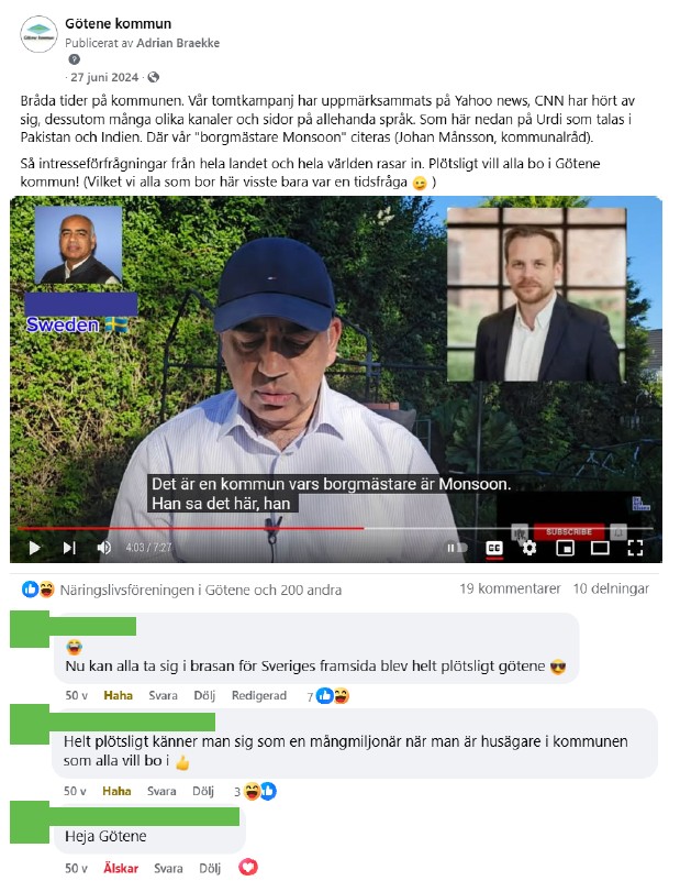 Skärmdump på inlägg från Facebook med tillhörande kommentarer med inledande inläggstext: "Bråda tider på kommunen. Vår tomtkampanj har uppmärksammats av Yahoo news, CNN har hört av sig, dessutom många olika kanaler och sidor på allehanda språk. Som här nedan på Urdi som talas i Pakistan och Indien. Där vår "borgmästare Monsoon" citeras."