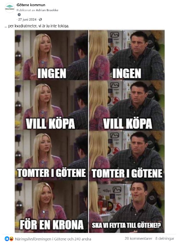 Skärmdump på meme med texten: Ingen vill köpa tomter i Götene för en krona. Ska vi flytta till Götene?!