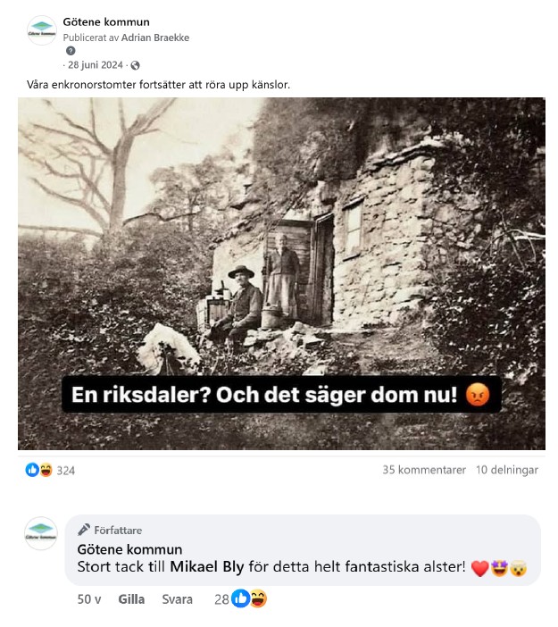 Skärmdump på inlägg från Facebook med tillhörande kommentarer med inläggstext: "Våra enkronastomter fortsätter att röra upp känslor."
