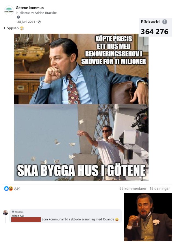 Skärmdump på meme från Facebook med tillhörande kommentarer med inläggstext: "Hoppsan"