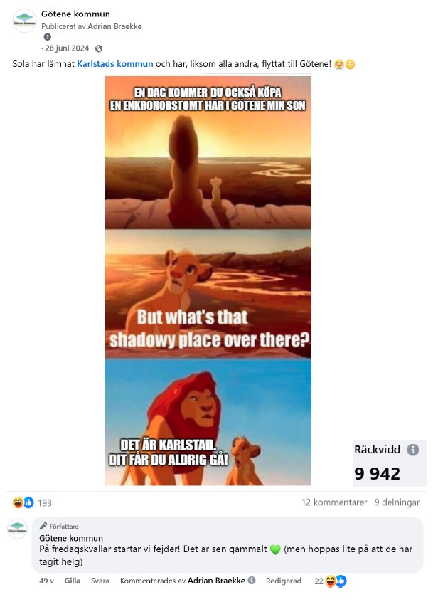 Skärmdump på meme med tillhörande kommentarer med texten: Sola har lämnat Karlstad kommun och har, liksom alla andra, flyttat till Götene. 