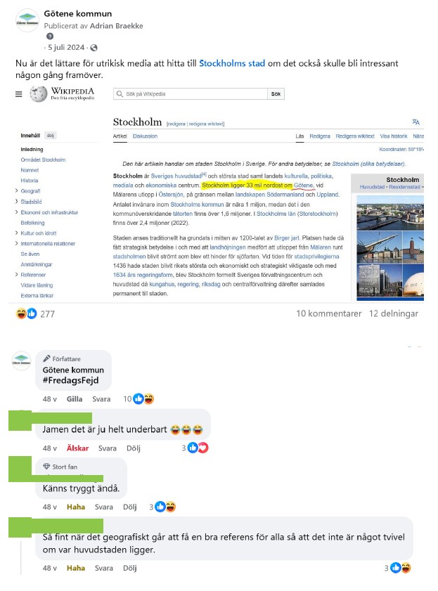 Skärmdump på inlägg från Facebook med tillhörande kommentarer med inledande inläggstext: "Nu är det lättare för utrikisk media att hitta till Stockholms stad om det också skulle bli intressant någon gång framöver."