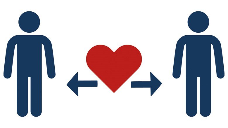 Två personer separeras av ett rött hjärta med pilar för att representera att man ska hålla avstånd. Illustration. 