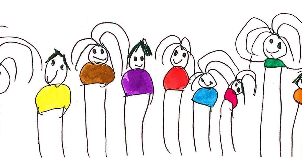 Tuschritad bild med flera personer. Alla figurer är olika höjd, har olika färger på sina tröjor och har olika frisyrer. 