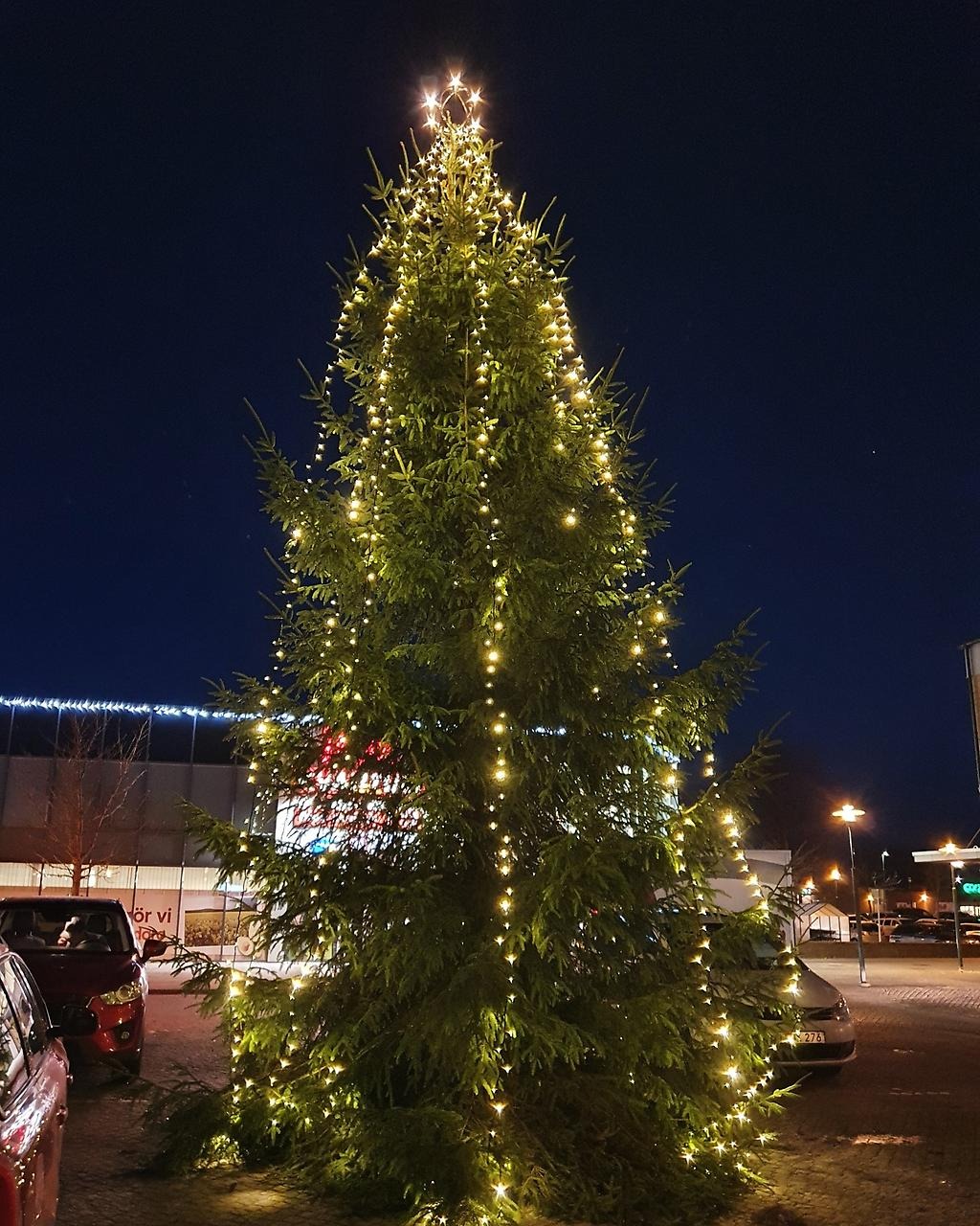En julgran på Götenes torg med belysning som lyser upp i mörkret.