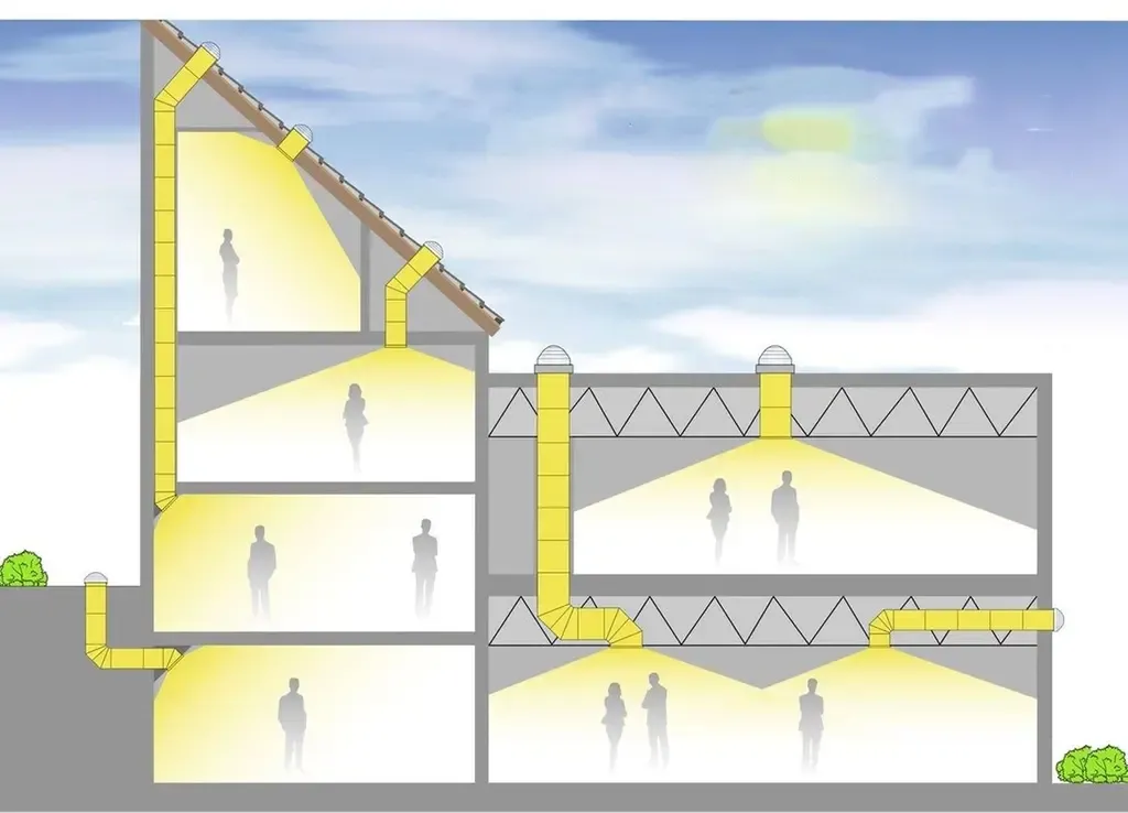 Illustration av ett flervåningshus där solatubes ger dagsljus på samtliga våningar.