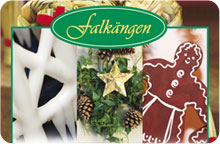 Falkängens logotyp med ett collage av julprydnader bakom. 