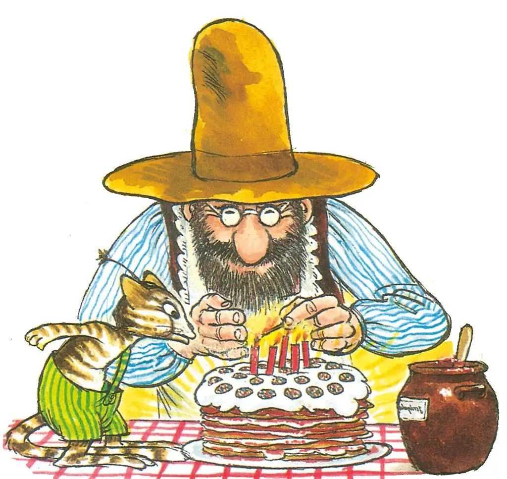 Målad bild som föreställer gubben Pettson och katten Findus som sitter med en pannkakstårta.