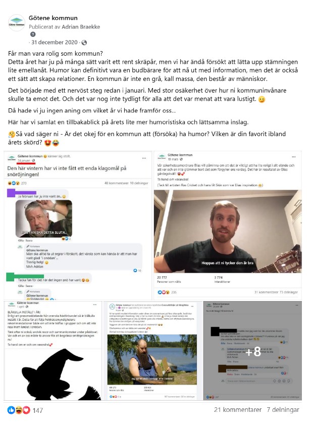 Skärmdump från inlägg på Facebook med inledande inläggstext: "Får man vara rolig som kommun? Detta året har ju på ånga sätt varit ett rent skräpår, men vi har ändå försökt att lätta upp stämningen lite emellanåt."
