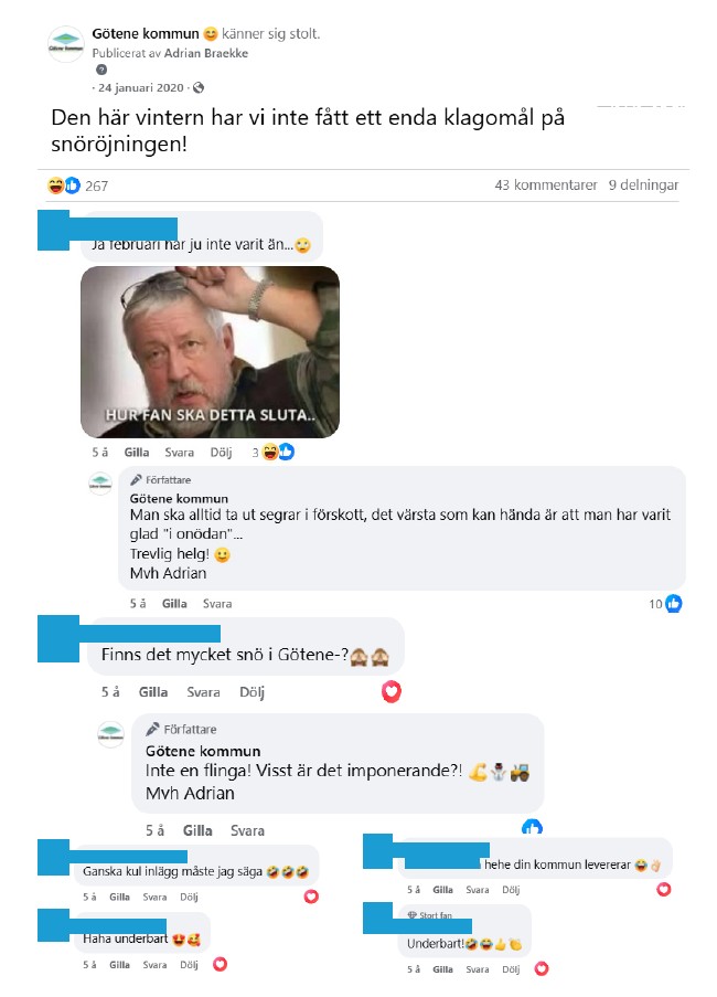 Skärmdump på inlägg från Facebook med tillhörande kommentarer med inläggstexten: "Den här vintern har vi inte fått ett enda klagomål på snöröjningen!"